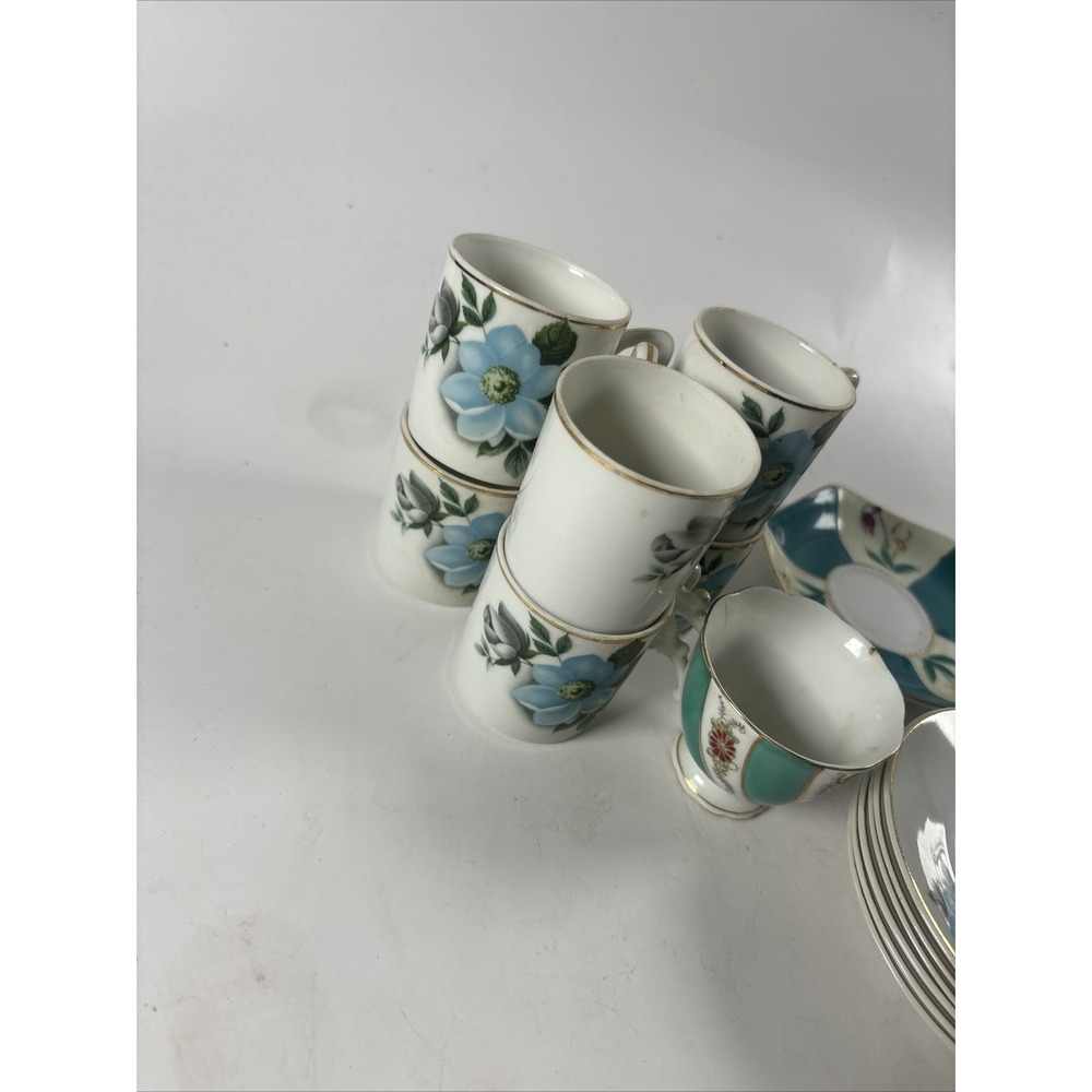 Vintage Fruit Japan Porcelain Tea Set Lot Blue Floral Cups Saucers Mid Century - Picture 3 of 7